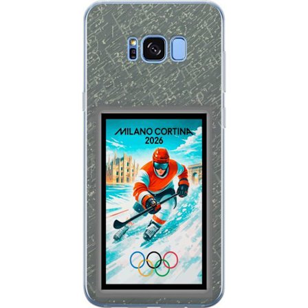 Yhteensopiva Puhelinkuori Samsung Galaxy S8 Curlingkuvitus pelaajilla ja kivillä jäällä, Milano Cortina 2026, lumisia roiskeita ja olympiasormukset