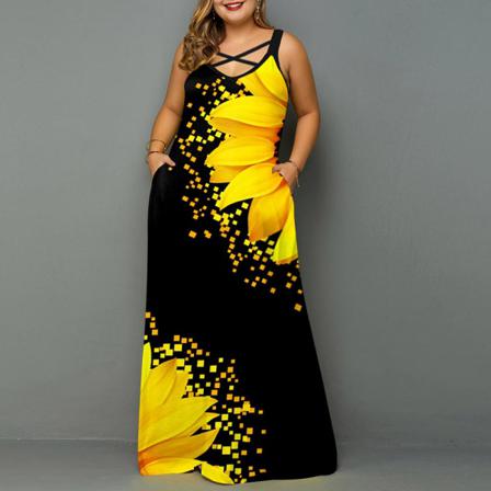 Plus Size Summer Print Maxiklänning Boho Lös Casual Ärmlös