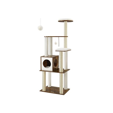 FEANDREA Vintage Brown Cat Tree Skrapstolpe - Cat Tower - Cat Condo - Spånskiva - Plysch - Sisal - 58cm x 40cm x 165cm