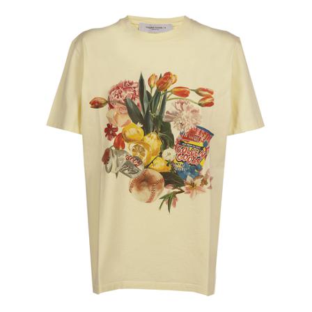 Golden Goose Pastel yellow Journey Collection T-shirt with colorful collage-style print Gul, Dame T-shirts
