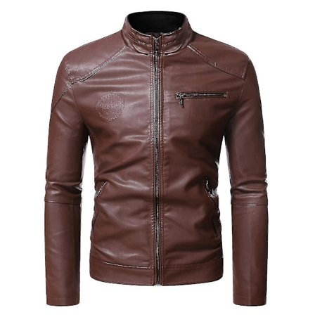 Herr Läderjacka med Ståkrage Enfärgad Motorcykeljacka med Dragkedja