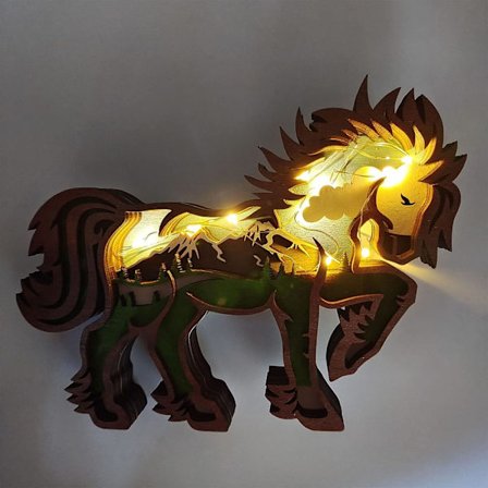 Flerlags treskåret 3D-hesteskulptur, hesteskulptur i tre