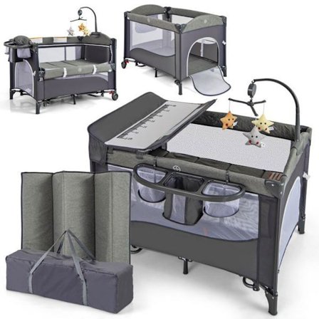 COSTWAY Evolutiv spjälsäng med 5-i-1 madrass, skötbord, 4 justerbara höjder, speldosa och hängande leksaker blå