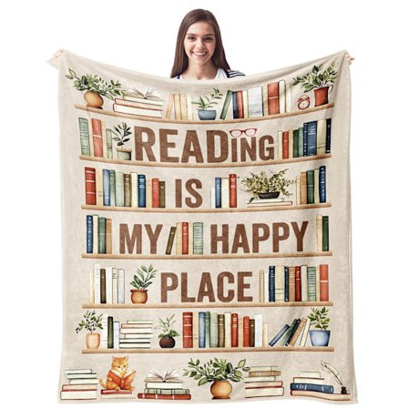 Pehmeä viltti, jossa on kirjakuvio, mitat 50*60 tuumaa, on täydellinen lahja lukemista rakastavalle.