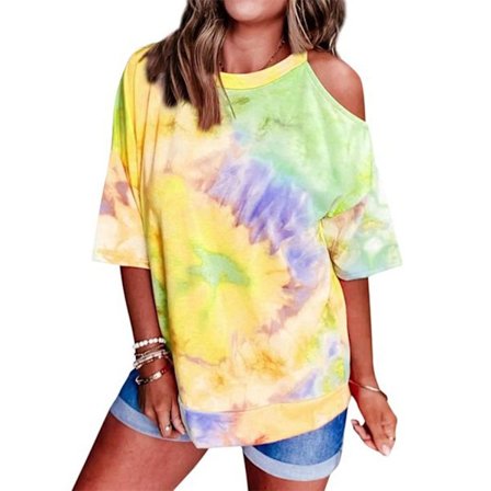 Dame T-skjorte Tie-dye trykt løs topp kald skulderbluse