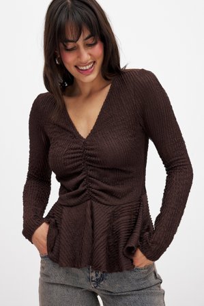 NA-KD Peplum Structured Top - Langærmede t-shirts - Brun - M (EU 38-40)