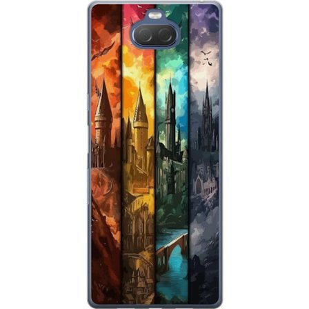 Kompatibel Mobilcover til Sony Sony Xperia 10 Plus Fire magiske slotte i forskellige elementfarver, episk fantasykunst med ild vand luft og mørke i d