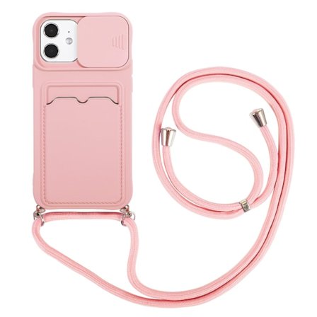 Etui til iPhone 13 Pro pink hudfølelse kortholder skub vindue slot crossbody lanyard frostet blød