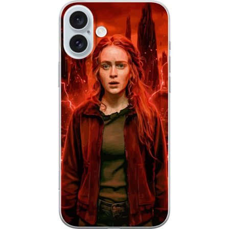 Kompatibelt Mobilskal till Apple iPhone 16 Plus Porträtt av en ung kvinna med rött hår i en apokalyptisk landskap, röda blixtar och mörka klippfo