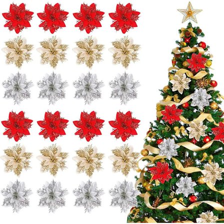 Juledekorasjon Kunstige Blomster, 24 stk. Julestjerne Glitterpynt, gull+sølv+rød, 14cm