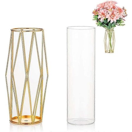 Glasvase, cylindrisk vase, metal vaseholder, vasedekoration, klar glasvase