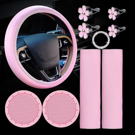 10 stk. Læderratbetræk til kvinder, biltilbehørssæt med sikkerhedssele skulderpuder, sikkerhedsselebetræk, kopholdere, bling luftventilclips