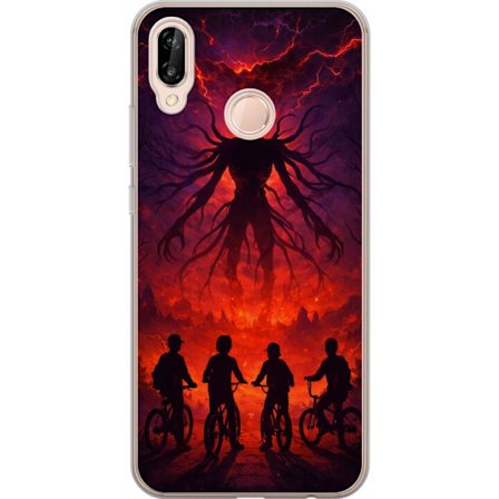 Kompatibelt Mobilskal till Huawei Huawei P20 lite Mörk fantasyillustration inspirerad av Stranger Things med övernaturlig varelse, blixtar och cykla