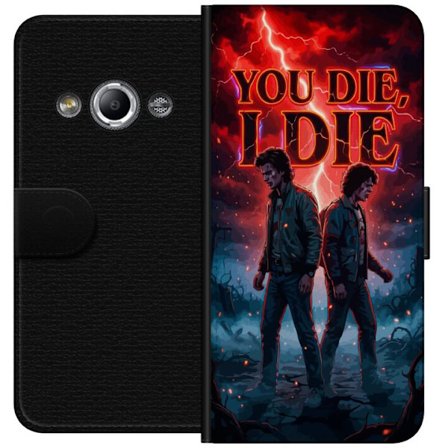 Yhteensopiva Lompakkokotelo Samsung Galaxy Xcover 3 Stranger Things -inspiroitunut motiivi kahdesta nuoresta miehestä, punainen salamoitava taivas, t