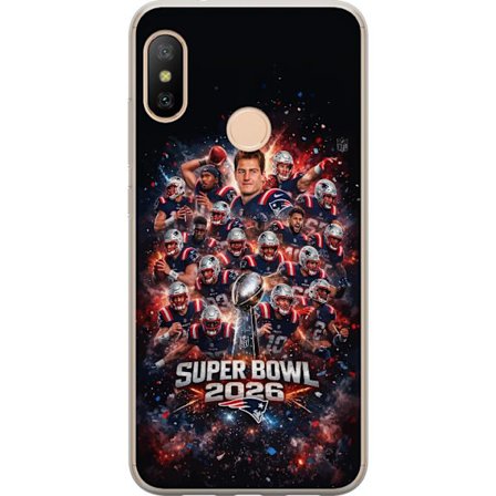Yhteensopiva Puhelinkuori Xiaomi Redmi 6 Pro Super Bowl 2026 juliste, jossa New England Patriots ja NFL-mestaruuspalkinto räjähtävän urheilullisessa s