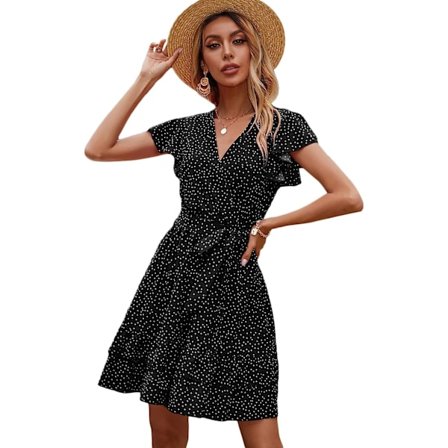 HAUFR Women's Summer Polka Dots V-neck volanger Cap ärm A Line Mini Dress