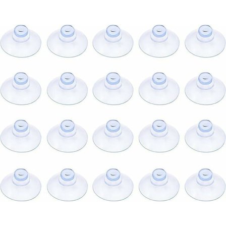 Pakkaus, jossa 20 pientä läpinäkyvää muovista imukuppia, ilman koukkua, 20 mm