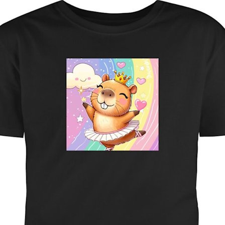T-Shirt Sød dansende kapibara i ballerinakjole med krone mod regnbue skyer, hjerter og stjerner i blød kawaii-stil med glade pastelfarver