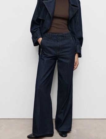 Mango Wide-Leg Denim Trousers With Belt Loops - Navy - S