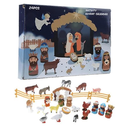 Julekrybbe Adventskalender med 24 Resin Miniatyrer, Hellig Familie, Magi, Hyrde, Engel, Sau, Stall, Dyr, Gjerder