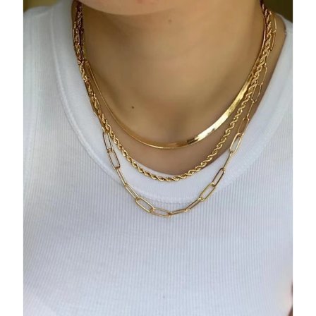 Gullbelagt slangekjede halskjede 3-lags tau+papirklips+sild