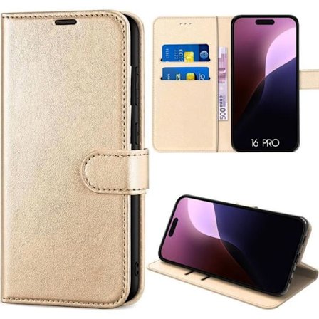 Coque - E.F.CONNECTION - för iPhone 16 Pro - PU-läder Guld - Inbyggt Stöd - Kortfack