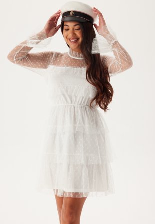 Bubbleroom - Dotted Mesh L/S Dress - White - Kläder