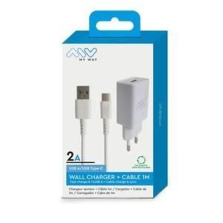 Pakki Laturi - MYWAY - 12W - USB-A:sta USB-C:hen - Valkoinen - 100-240V AC