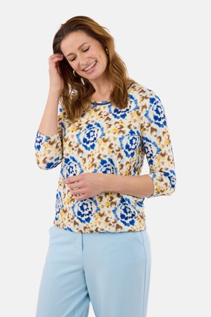 SIGNATURE - T-shirt med 3/4 ærmer – Blå / Beige – Rund Hals