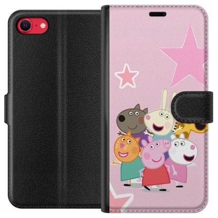 Kompatibelt Lommeboketui til Apple iPhone SE (2020) Peppa Gris og venner samlet med stjerner på rosa bakgrunn, fargerik barneillustrasjon
