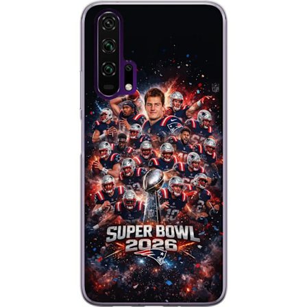 Yhteensopiva Puhelinkuori Honor 20 Pro Super Bowl 2026 juliste, jossa New England Patriots ja NFL-mestaruuspalkinto räjähtävän urheilullisessa suunnit