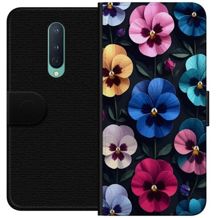 Kompatibelt Lommeboketui til OnePlus 8 Dekorativt blomstermønster med fargerike pensélignende blomster og mørk elegant bakgrunn
