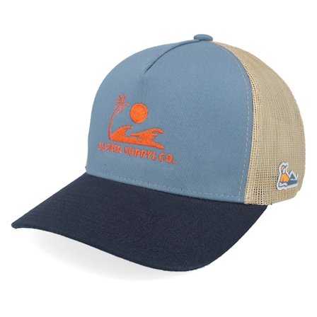 Slacker Supply - Beige trucker Kasket - Sunny Waves Logo Light Blue/Khaki/Navy A-frame A-frame Trucker @ Hatstore