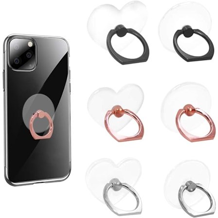 6-delt transparent mobiltelefon ringholder (hjerteformet og rund), cirkulær ring og hjerteformet 360 graders roterende universel ringspændegreb