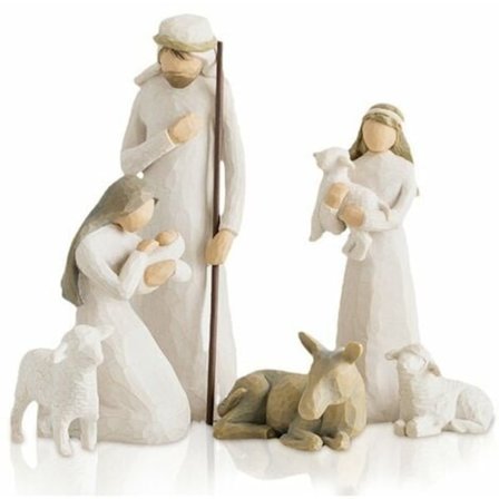 6-delt krybbespil figursæt. Hellig familie, tre lam, tre personer, engel og hyrde