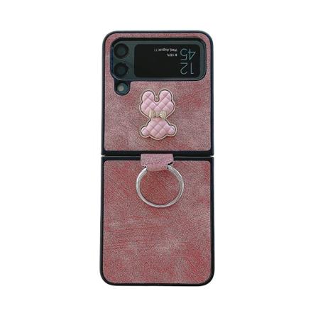 Sött björn läderfodral kompatibelt med Samsung Galaxy Z Flip 4 med ringhållare stativ stöttåligt Red