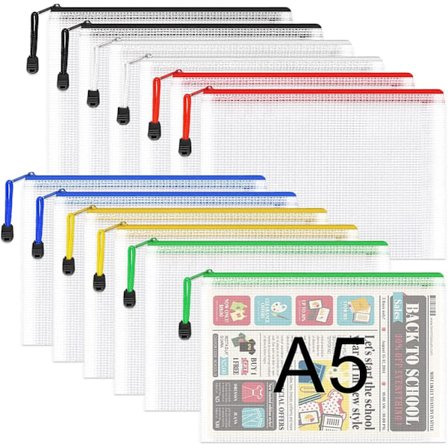 A5 Plast Glidelåsmapper - 12PCS A5 Mesh Glidelåspose Plast Glidelåsposer Dokumentlommebok Fil Glidelåsposer Reiseoppbevaringspose for Kontorutstyr