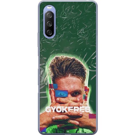 Yhteensopiva Puhelinkuori Sony Xperia 10 III Lamine Yamal Barcelonan pelipaidassa, jossa on neonvaloja ja punaisia ja sinisiä salamoita dramaattisessa