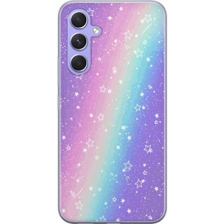 Kompatibelt Mobildeksel til Samsung Galaxy A54 Rainbow-farget pastellbakgrunn med hvite stjerner og gnistrende prikker i myk overgang