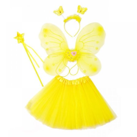 Févinger Kostume Børn, Prinsesse Fé Kostume Fé Sommerfuglevinger Sæt Pige Kort Nederdel Vinger Tryllestav - Ensfarvet Gul