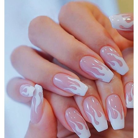 24 stk. falske negle med lim, kiste ballerina ild design fuld dækning akryl negle tryk på negle ingen lim, lyserød flamme fransk falske negle stick på