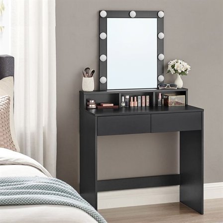Kommodebord med LED-belyst speil, 2 skuffer og åpen oppbevaring - Svart