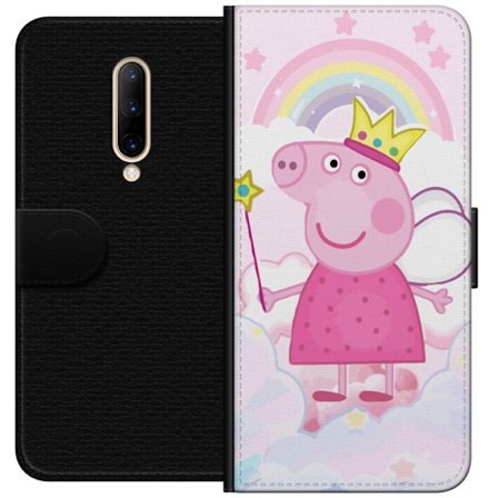 Yhteensopiva Lompakkokotelo OnePlus 7 Pro Peppa Pig prinsessamotiivi kruunulla, siivillä ja sateenkaarella, satumainen lasten kuvitus pilvitaustalla