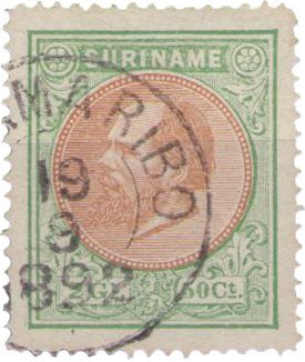 Suriname - 2 1/2 gld groen en oranjebruin Koning Willem III (nr. 15, gebrui