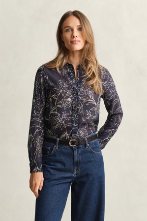 GANT Damen Regular Fit Bluse aus Baumwolle und Seide mit Blumen-Print (44) Marineblau