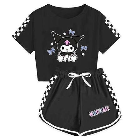 Barnflickor Kuromi Träningsoverall Söt Cartoon Anime Kortärmad T-shirt + Shorts Set Casual Sportkläder Kläder Black 10-12 Years