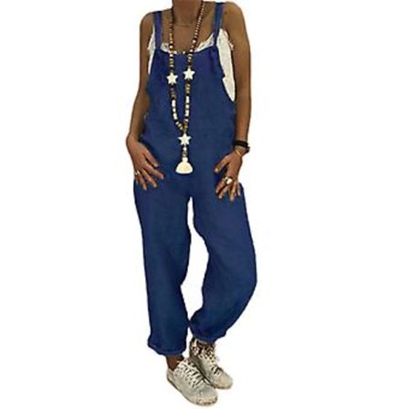 Dame vår sommer casual løse lange bib bukser jumpsuits baggy bomullslin look rompers overalls bukser pluss størrelse (S mørk blå)