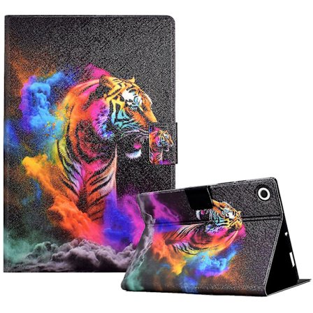 Mønstertrykt lærdeksel for Samsung Galaxy Tab A8 10.5 (2021) X205 / X200 kortspor tabletholder (fargerik tiger)