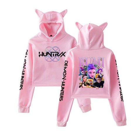 Demon Hunter Group Trykt Katteører Kort Sweatshirt Voksen Casual Plys Hættetrøje Mode Dametøj pink&RUMI