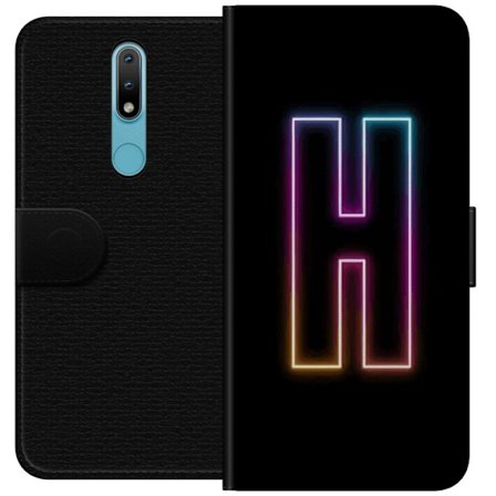 Yhteensopiva Lompakkokotelo Nokia Nokia 2.4 Minimalistinen neonkirjain H väriä vaihtavassa valossa mustaa taustaa vasten modernilla typografisella t